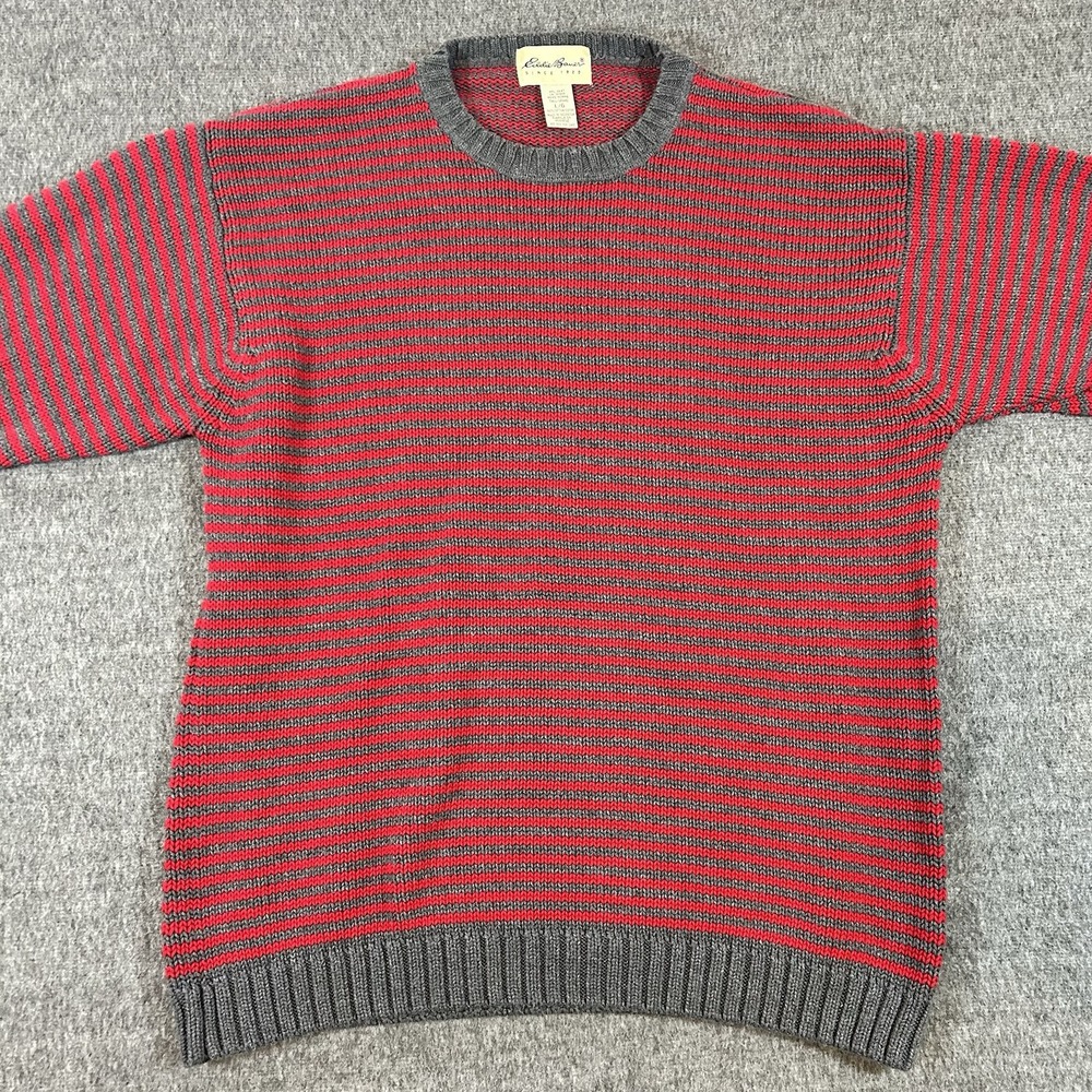 VTG Eddie Bauer Mens‎ Large Tall Chunky Knit Stripe Sweater Red Gray Sweatshirt